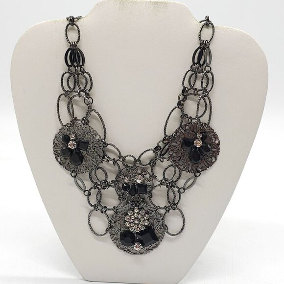 Vintage Inspired Black Silver Statement Necklace With Crystal Accents Filigree - Picture 1 of 5